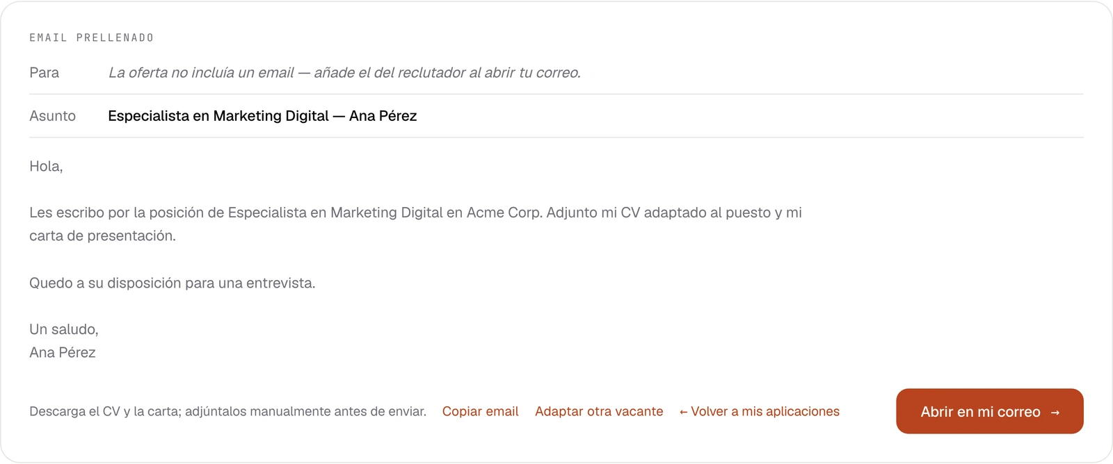 Pantalla de la app mostrando el email de candidatura prellenado, con asunto y cuerpo listos para enviar
